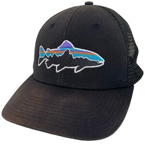 Patagonia Fitz Roy Black Mesh Trucker Hat Trout Patch Fish Logo Snapback Fishing